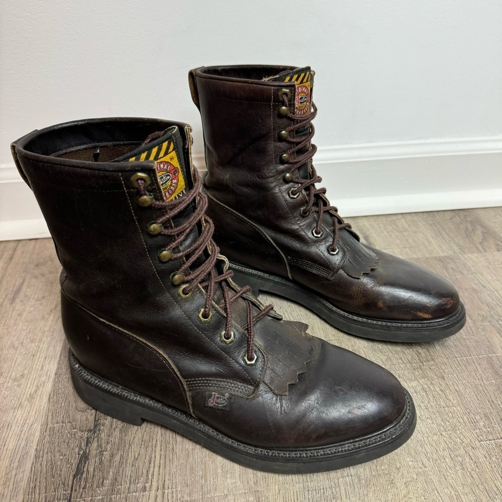 Justin Original Workboots 760 Brown Leather Kiltie Lace Up Boots USA 8D
